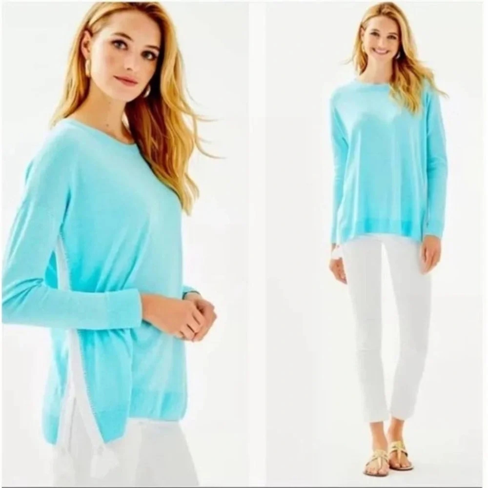 Lilly‎ Pulitzer Damara Sweater Crochet Sides Heathered Bayside Blue Relaxed Top